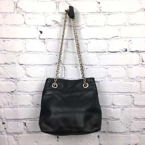 Doncastor Pebbled Leather Chain Link Double Handle Lined Black Bucket Handbag - Picture 3 of 16